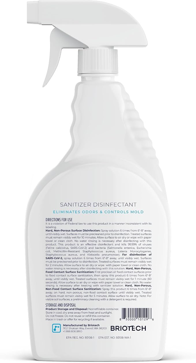 BRIOTECH Sanitizer Disinfectant Hypochlorous Spray, Kill 99.99% of Viruses & Bacteria, Control Mold, Eliminate Odor, Gentle for Nursery & Play Rooms, Food Contact Surface Sanitizer, 32 fl oz (4 Pack)