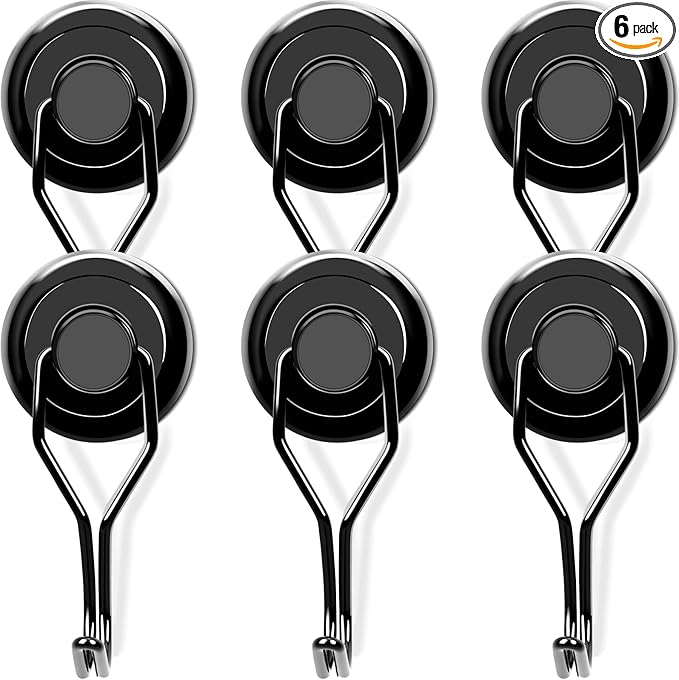 MIKEDE 120 LBS Black Magnetic Hooks, 6 Pack Swivel Swing Magnet Hooks Heavy Duty, Strong Neodymium Magnets Hanger for Hanging, Grill, Cruise Cabins - 32mm(1.26in) in Diameter