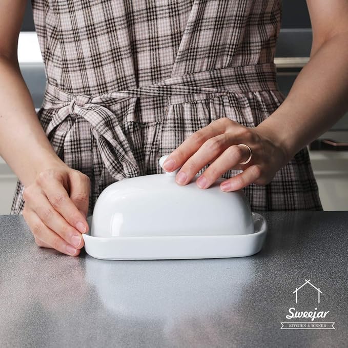 Sweejar Ceramic Butter Dish with Lid for Countertop,Porcelain Butter Keeper with Knob Handle,Butter Container for East/West Coast Butter, 7.1*3.7 inches (White)
