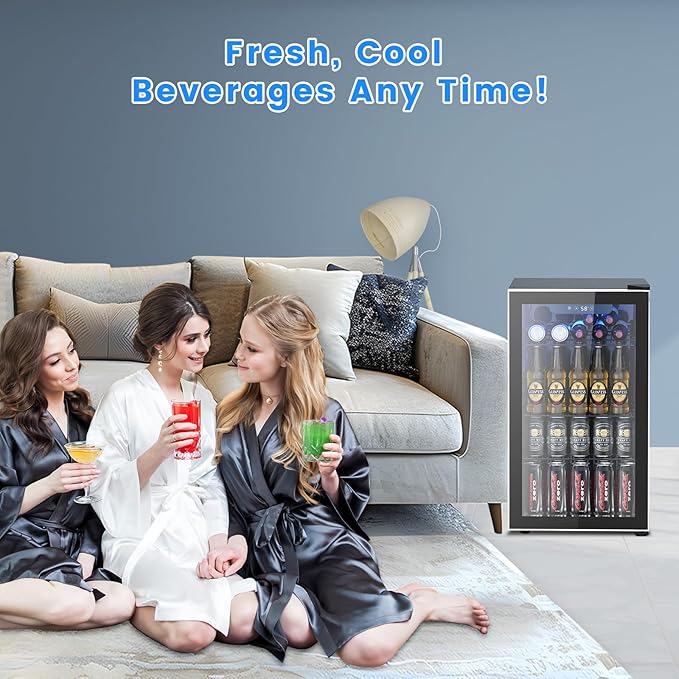 26 Bottle Wine Cooler 130 Can Beverage Refrigerator, Small Freestanding Cabinet Wine Cellar with 40℉-61℉ Temperature Control Glass Door, Black