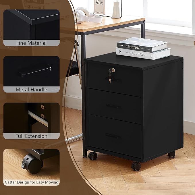 TUKAILAi Mobile File Cabinet with 3 Drawers, Lockable Storage Unit Wooden Rolling Office Filing Cabinet with Wheels, for Legal/Letter/A4 Sized Documents Home Office (Black 1PCS)