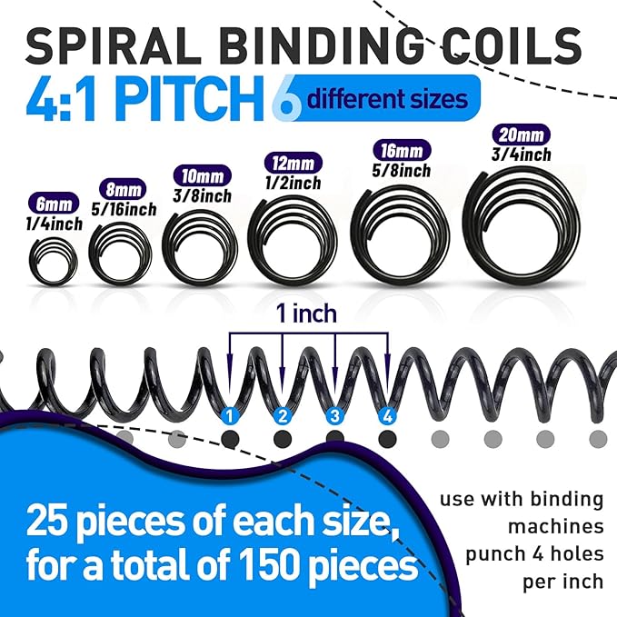 150 Pack Spiral Binding Coils, 4:1 Pitch Plastic Binding Coils Kit, 6 Different Sizes Spiral Coils for Binding 1/4", 5/16", 3/8", 1/2", 5/8", 3/4", Black Binding Spirals