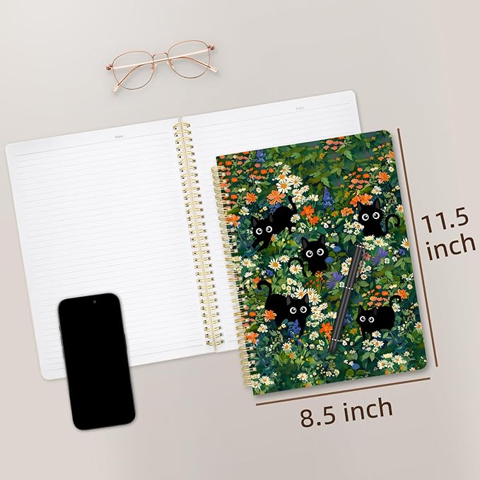 Cute Spiral Notebook journal A4 Aesthetic Pretty Design for Women Girls Kawaii with Pocket, 8.5 x 11 inch, Lined, Cat Garden