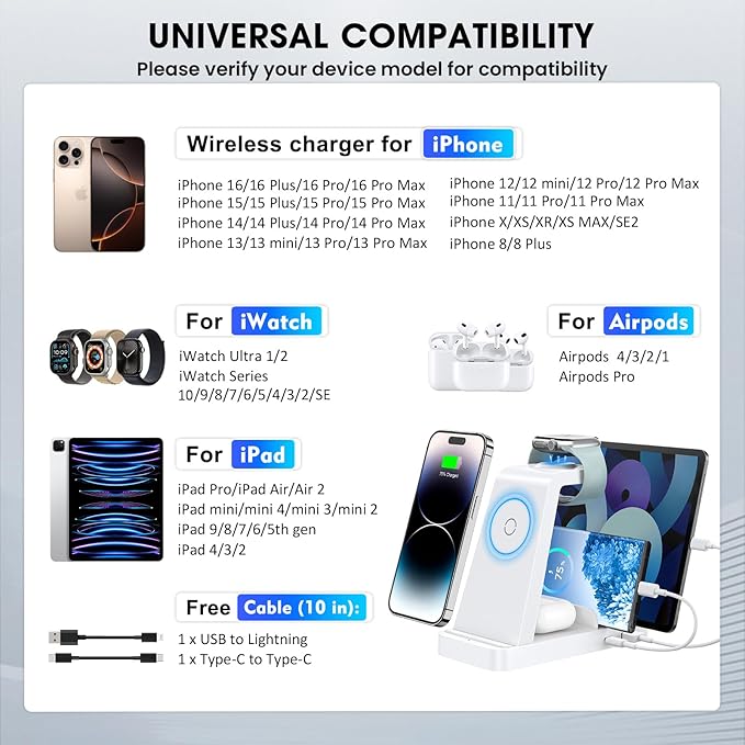 Wireless Charger for iPhone - 5 in 1 Charging Station for Multiple Devices Apple: Fast Wireless Charging Stand Dock for iPhone 17 16e 16 15 14 13 12 Pro Max Apple Watch Airpods(White)