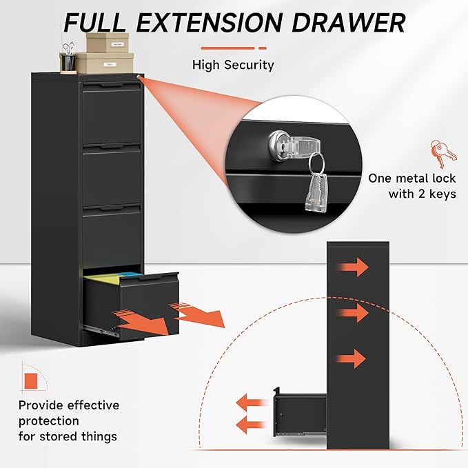 4 Drawer File Cabinet with Lock,17.8" Deep Vertical Metal Filing Cabinet for Home Office,Locking Drawer Tall for Hanging Letter/A4/Legal Folders, Easy Assemble-Black