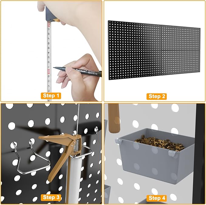 Pegboard Smith 4x2ft Metal Pegboard Kit for Tools Storage, Black Pegboard Wall Organizer with Hooks and Pegboard Bins