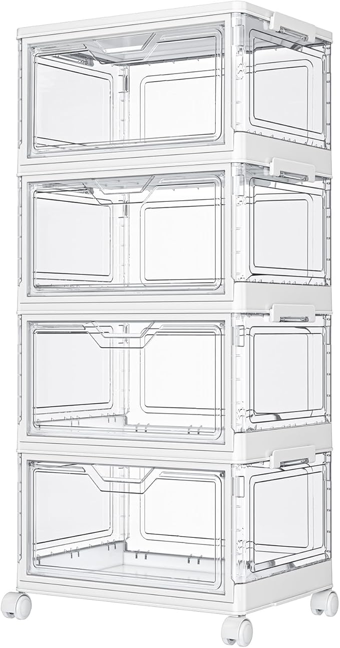 Clear Storage Bins with Lids,4 Tier Plastic Bins with Wheels,Stackable Storage Bin,Closet Organizers Box for Bedroom,Living Room,Toy,23 QT Folding Box with Magnetic door