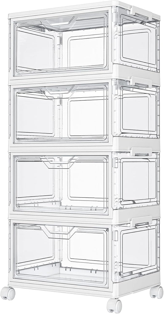 Clear Storage Bins with Lids,4 Tier Plastic Bins with Wheels,Stackable Storage Bin,Closet Organizers Box for Bedroom,Living Room,Toy,23 QT Folding Box with Magnetic door