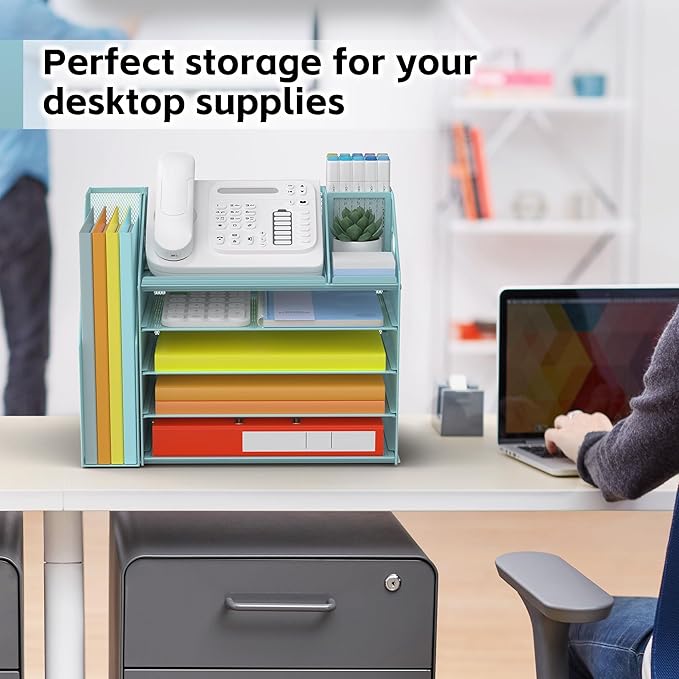 DocNest 5 Tier Paper Letter Tray File Organizer, Mesh Desk File with Handle, Workspace Desk Organizers with Pen Holder, Office Organization Storage Accessories - Blue