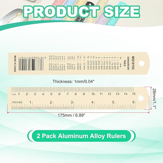 PATIKIL 15cm/6" Metal Ruler, 2 Pack Aluminum Alloy Rulers with Centimeters, Millimeters, Inches and Conversion Table Straight Edge Ruler for Writing Machinist Drafting, Yellow