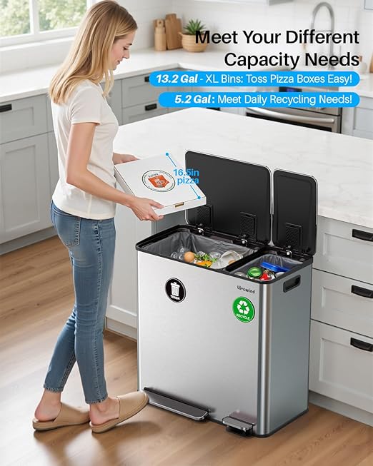 Dual Trash and Recycling Bins for Kitchen, 13.2 + 5.2 Gal (50+20L) Stainless Steel Trash and Recycle Bin Combo with Soft-Close Lid, Large Garbage Cans for Kitchen Home with 2 Magnets Sticker, Silver