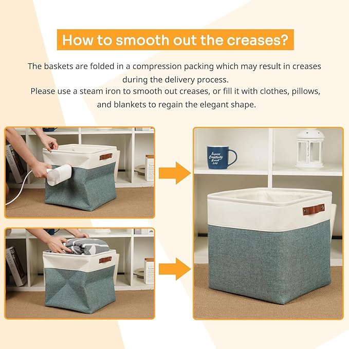 DULLEMELO Storage Bins, 4 Pack Of 13x13x13 Decorative Storage Cube Bins Suit Office, Home, Shelves And Closet, Stackale Gift Baskets Empty with Leather handle (White&Deep Green)