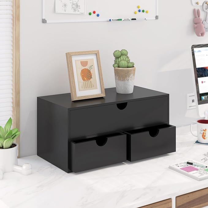 Bamboo Desk Organizer with Drawers Desktop Storage Drawers for Bills Office Supplies Kitchen Utensils Organizing Tool for Home Classroom Organization No Assembly (Black)