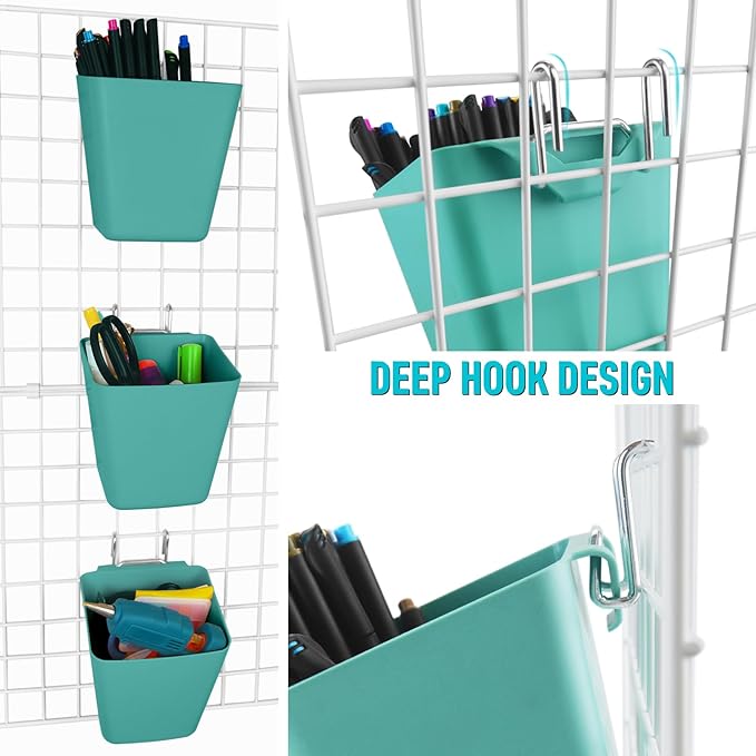 G.CORE Large Grid Wall Bins - 6Pack Green Gridwall Accessories Hanging Cups with Back Hooks - Plastic Grid Wall Panels Organizers Wire Shelves Holders for Garage Garden Craft Office Tools Storage
