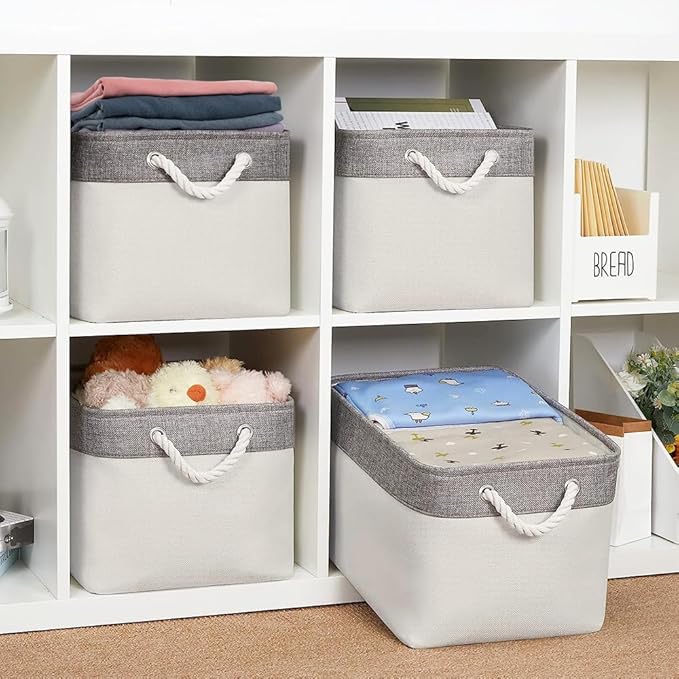 Organization and Storage Basket for Organizing - Large 4 Pack 16x12x8 inch Fabric Storage Cube Collapsible Baskets for Shelves, Storage Bins for Cloth Books (Grey & White)