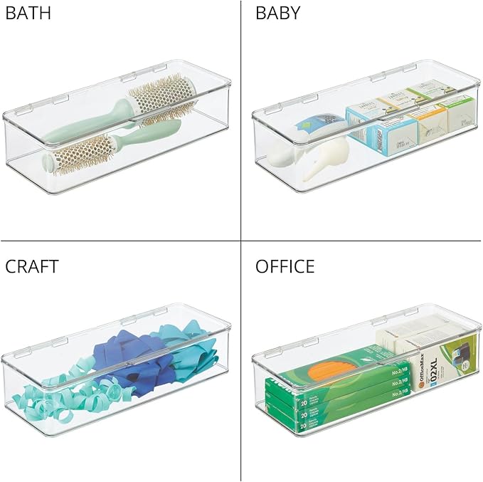 mDesign Long Plastic Playroom/Gaming Storage Organizer Box Containers with Hinged Lid for Shelves or Cubbies, Holds Small Toys, Building Blocks, Puzzles, Markers, Controllers, Crayons, 2 Pack, Clear