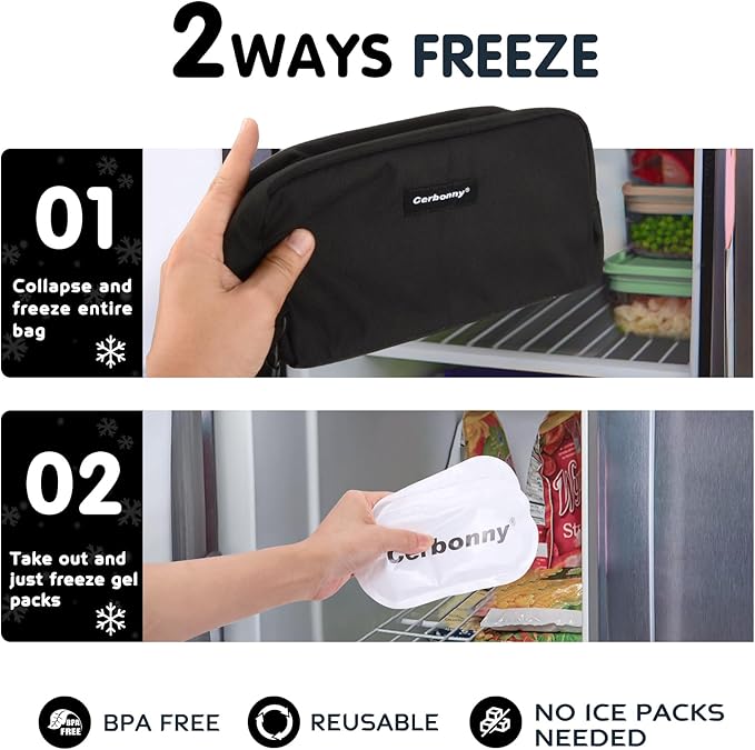 Cerbonny Cooler Bag Freezable Lunch Bag for Work School Travel,Leak-proof Small Lunch Bag,Small Insulated Bag For Kids 3+/Adults,Freezer Lunch Bags,Freezable Snack Bag,Black