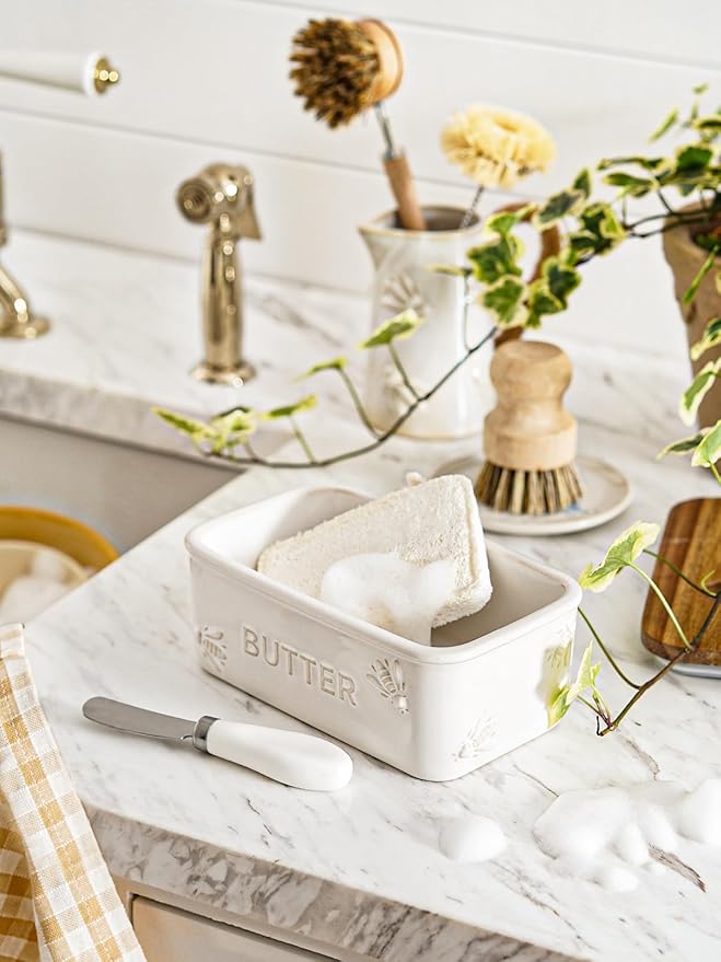 LE TAUCI Butter Dish with Lid for Countertop, Ceramic Butter Container, Embossed Butter Keeper with Acacia Wood lid, Knife, and Airtight Cover, Farmhouse Decor - Set of 1, Arctic White, Bee Pattern