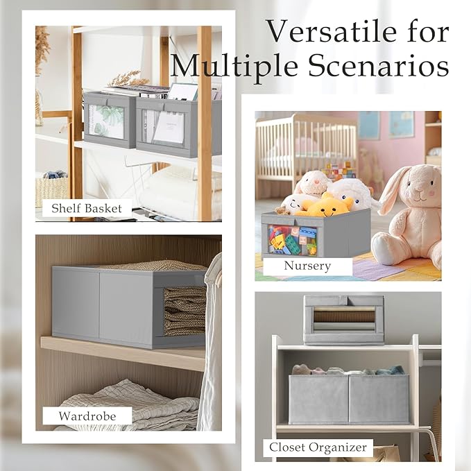 Criusia 8 Pack Linen Closet Organizers and Storage, Large Linen Closet Baskets for Organization, Foldable Storage Containers for Toys, Clothing, Towels, Jeans, Books, Shelves, Grey