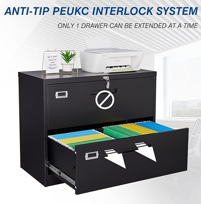 2 Drawer File Cabinet, Lateral Filing Cabinets for Home Office, Office Storage Drawers with Lock, Hanging Files Legal/Letter A4 Size (Assemble Required,Black)