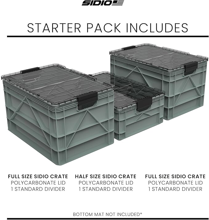 SIDIO CRATE Starter Pack - Two Full Size and One Half Size Heavy Duty Stackable Storage Bins, Totes with Lids and Dividers - Durable Organizer for Home, Office, Garage, and Outdoor Use - Sol