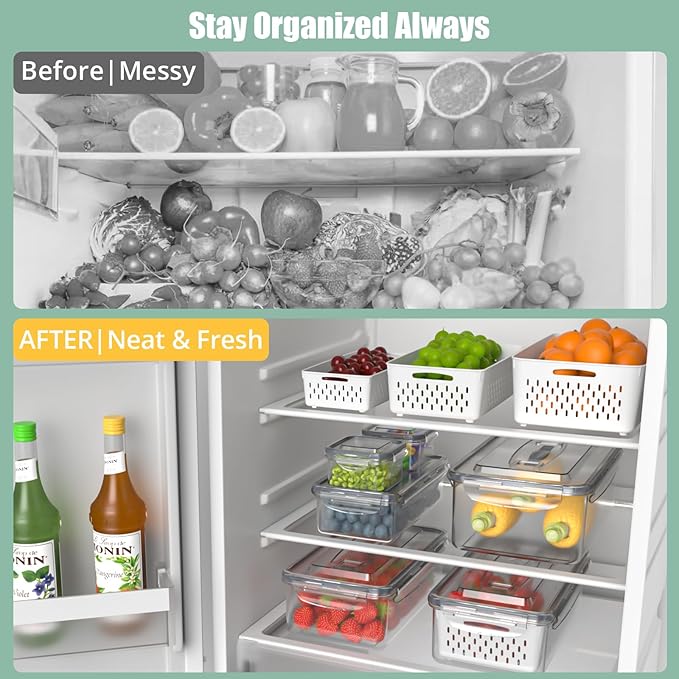 5 Pcs Fruit Storage Containers For Fridge with Removable Colander and Handle Lid, Refrigerator Organizers and Storage, Airtight Container to Keep Berry Fruit and Vegetable Fresh Longer Dishwasher Safe
