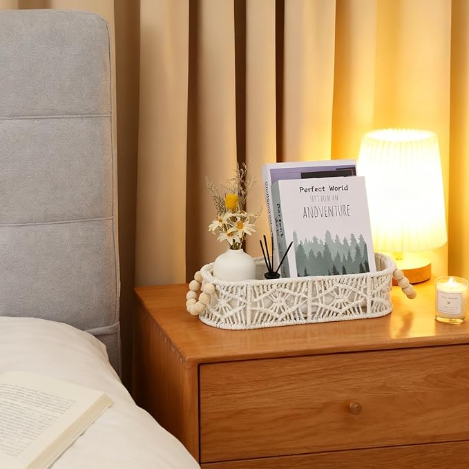 Small Storage Basket for Organizing, Woven Boho Decor Oval Macrame Toilet Paper Baskets for Toilet Tank Top Living Room Bedroom Entryway Decorative Counter Home Decor, Set of 2, White