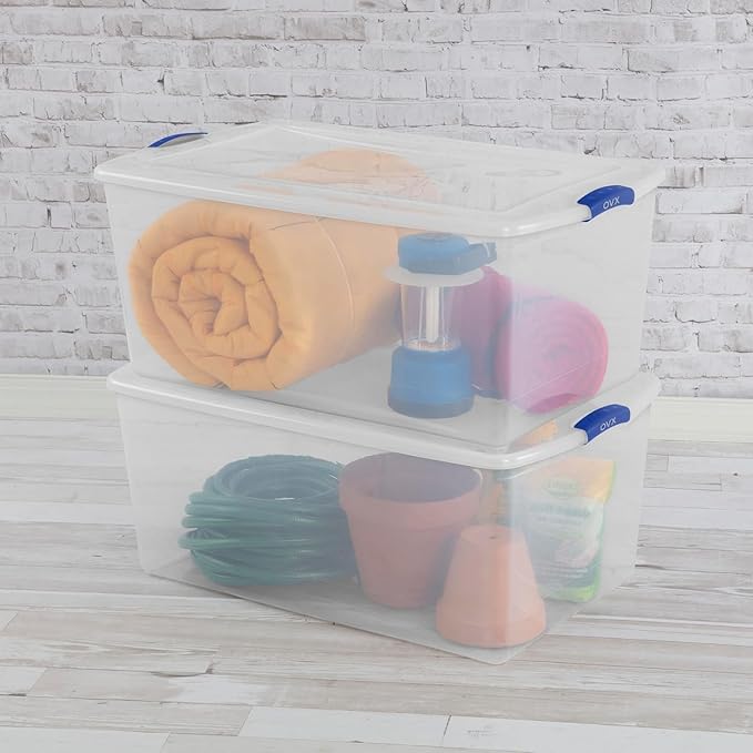 2-Pack 105 Quart Heavy Duty Plastic Storage Bins, Stackable Containers with Clear Lids & Blue Latches for Bedding, Clothing, Holiday Decor - Ideal for Garage & Closet