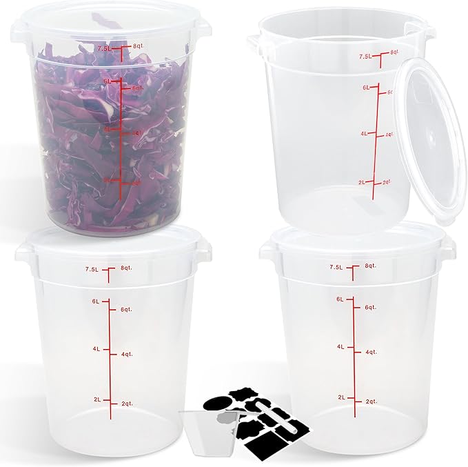 4 Pack Round Food Storage Containers with Lids, 8Qt Translucent Commercial Food Container, Polypropylene, BPA Free, Includes Labels & Measuring Cups