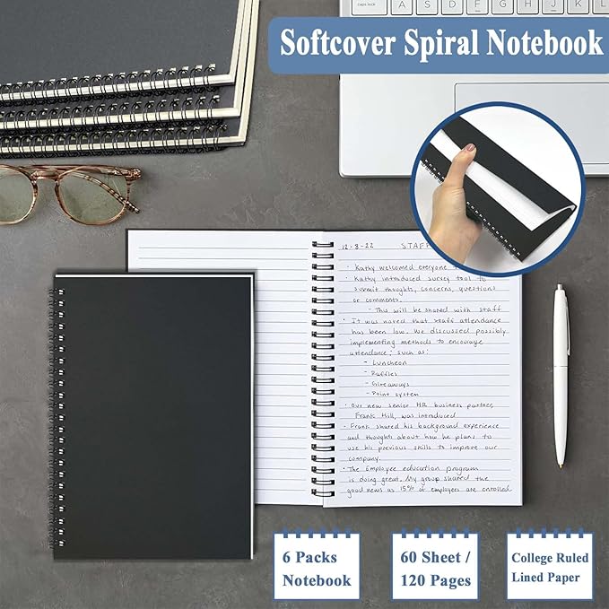 GINMLYDA 4Pack Small Spiral Notebook A5, 8.25x5.5” 120 Lined Pages Wide Ruled Spiral Journal Bulk Blank Kraft Cover Spiral Bound Notebook & Writing Pads for Home Office Meeting Work Note Taking