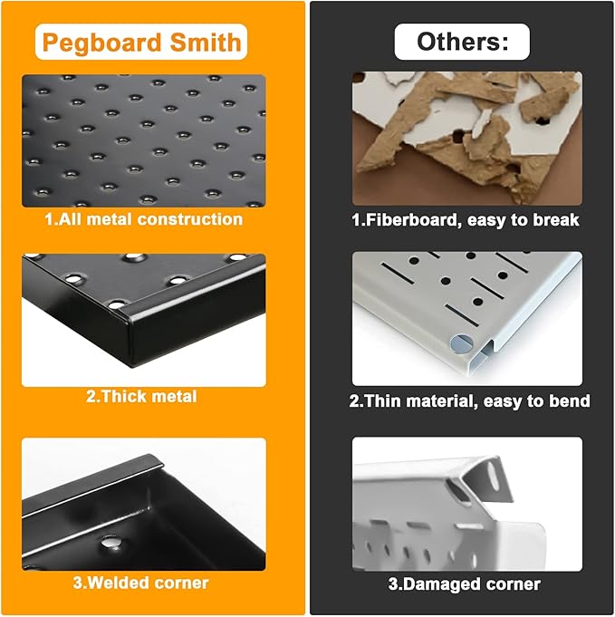 Pegboard Smith 4x2ft Metal Pegboard Kit for Tools Storage, Black Pegboard Wall Organizer with Hooks and Pegboard Bins