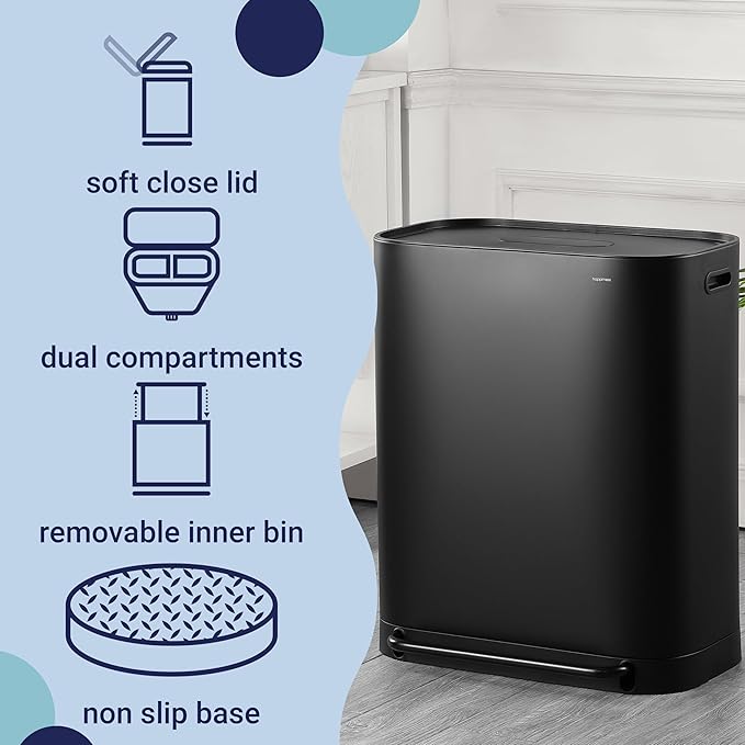 happimess HPM1014B Beni Kitchen 16-Gallon Double-Bucket Step-Open Trash Can with Soft-Close Lid, Modern, Minimalistic, Fingerprint Proof for Home, Kitchen, Laundry Room, Office, Bathroom, Black