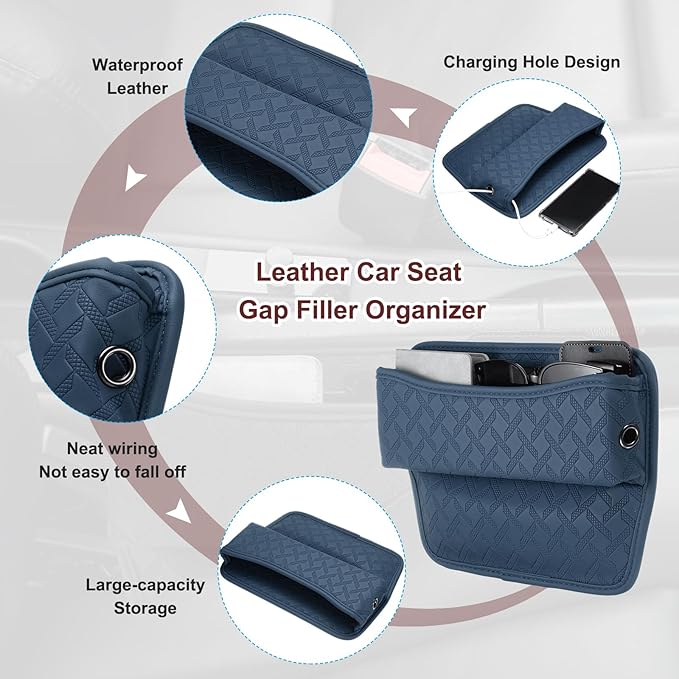 HARFINGTON 2pcs Car Seat Gap Filler Organizer 11.5 x 8 x 2.1 Inch Leather Universal Car Organizer Storage Box Between Seat and Console for Phone Sunglasses Keys, Blue