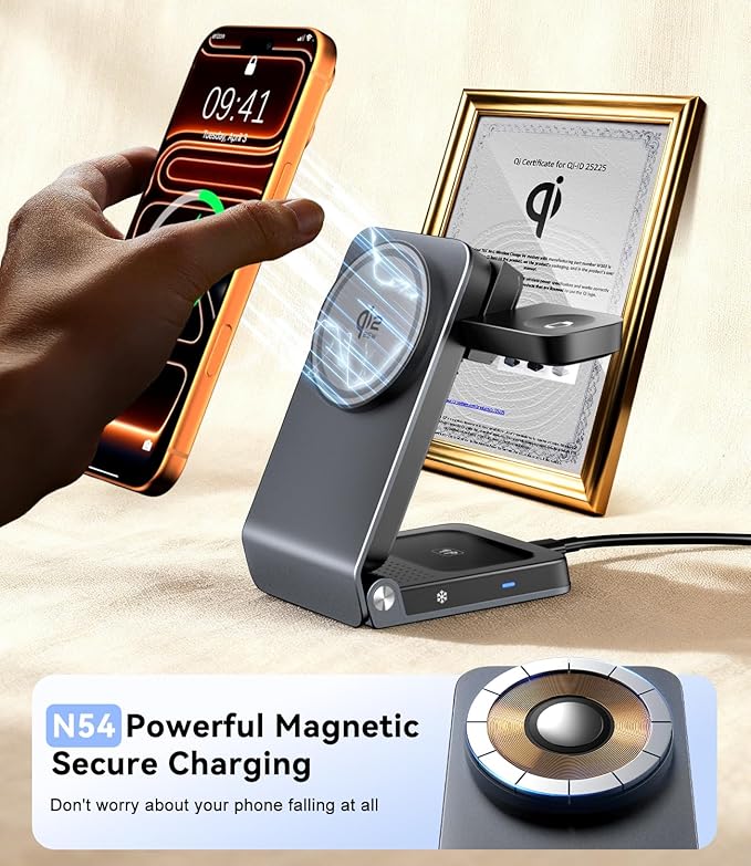 3-in-1 Charging Station for Multiple Devices Compatible with MagSafe Charger, Qi2.2 25W Magnetic Wireless Charger Dock, Foldable Charging Stand for iPhone 17 Pro Max, Apple Watch, AirPods