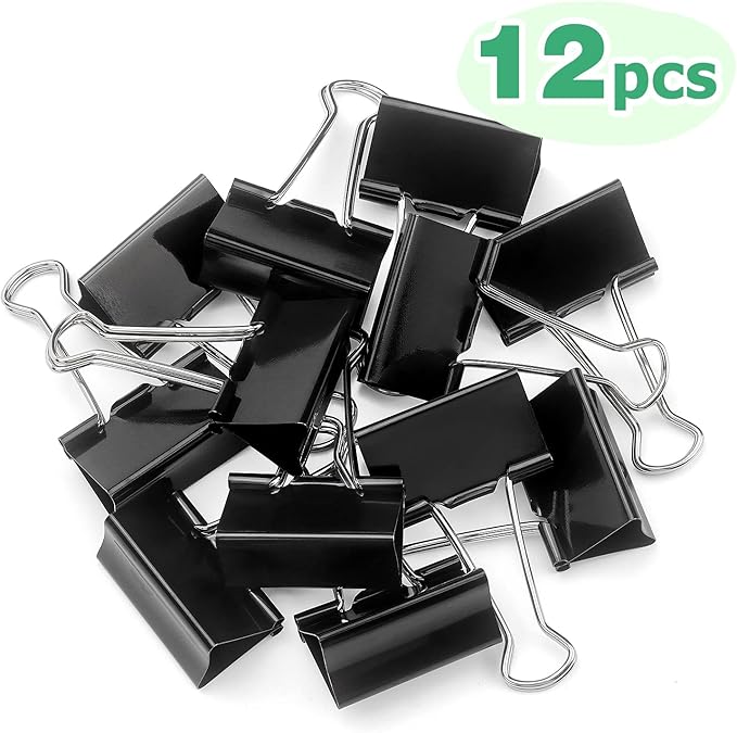 ZZTX Large Binder Clips Paper Clamps Clips Black, 1.6 Inches, 12 Pack