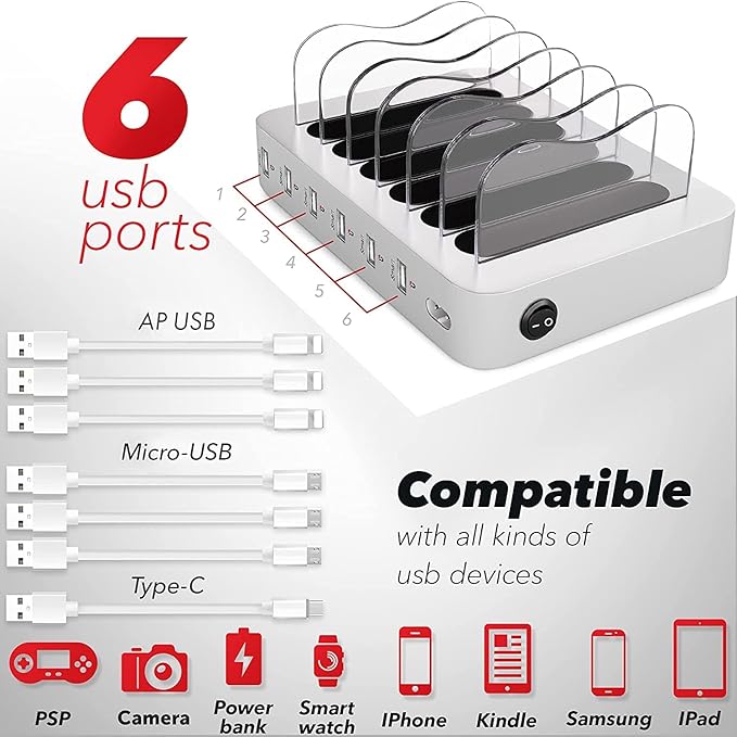 USB Charging Dock - 6-Port Universal Charging Station for Multiple Devices - Multi Device Charger Station - Compatible with Apple, iPad, iPhone, and Android Cell Phones and Tablets