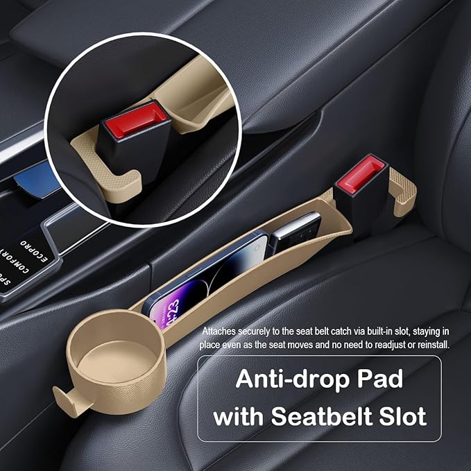 Car Seat Gap Plug with Storage Slot, Auto Gap Filler Organizer with Cup Holder, Universal Carseat Side Gap Filler Strip 2 Pack Between Front Seats & Console, Anti-Drop Pad with Seatbelt Holes, Beige