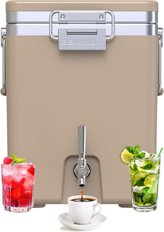 Bevanda - Sperse Drink Dispenser - Large Insulated Stainless Steel Water and Beverage Dispenser - Ideal for Parties, Camping Trips, and Outdoor Events - Leakproof, Durable, Portable (Tan, 5 Gallon)