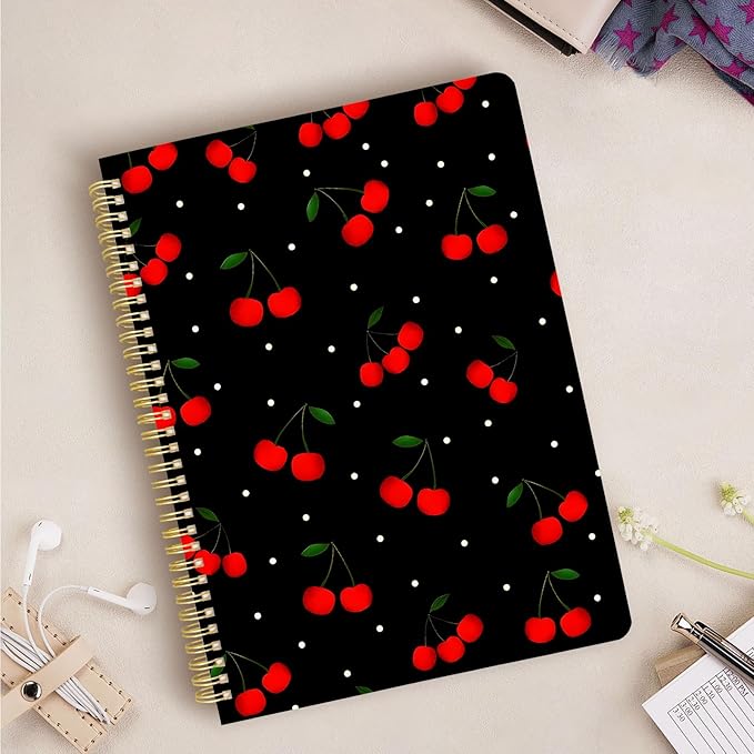 Cute Spiral Notebook journal A4 Aesthetic Pretty Design for Women Girls Kawaii with Pocket, 8.5 x 11 inch, Lined, Cherry