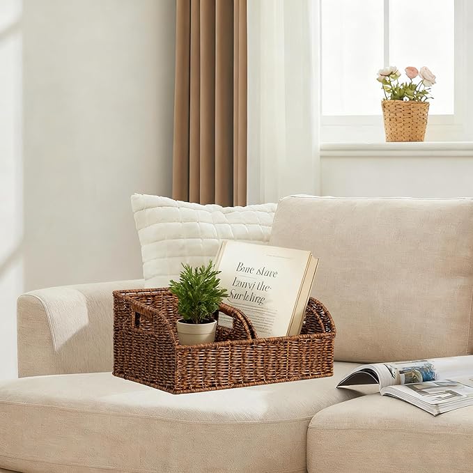 Wicker Baskets for Organizing,Pantry, Kitchen Counter with Handles, Handwoven Woven Storage Baskets for Fruit, Bread, Vegetable, Waterproof Plastic Storage Bins for Shelves, 3 Pack, Brown