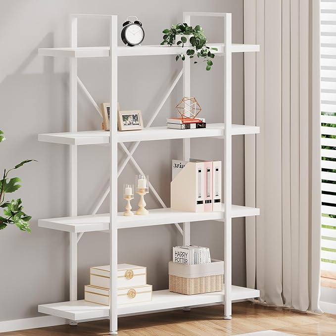 HSH 4 Tier White Bookshelf, Modern 4 Shelf Etagere Bookcase, Industrial Wood and Metal Storage Shelves and Display Book Rack, Farmhouse Open Wide Book Shelf for Bedroom Living Room Office, White Oak