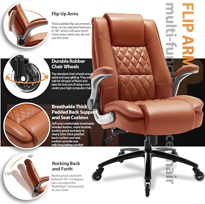 EZAKI High Back Office Chair-Flip-up Arms Executive Computer Desk Chair, Built-in Lumbar Support Thick Padded Adjustable Rock Tension Ergonomic Design for Back Pain