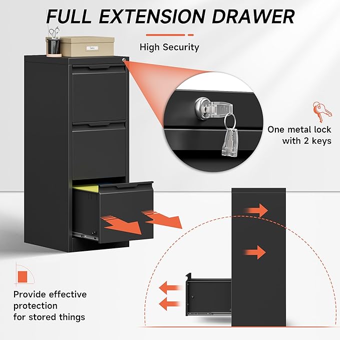 3 Drawer File Cabinet with Lock,Vertical Filing Cabinets for Home Office,Heavy Duty Metal File Cabinet for Hanging A4/Letter/Legal Size File,Vertical File Cabinet 15" W X 17.8" D X 38.3" H-Black
