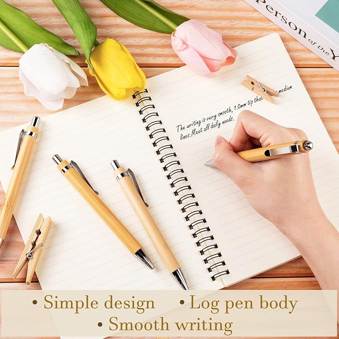Leelosp 60 Pcs Bamboo Pen Retractable Ballpoint Pen Black Ink 1 mm Sustainable for Writing Office Products Wooden Bamboo Ballpoint for Journal School Supplies Decorations