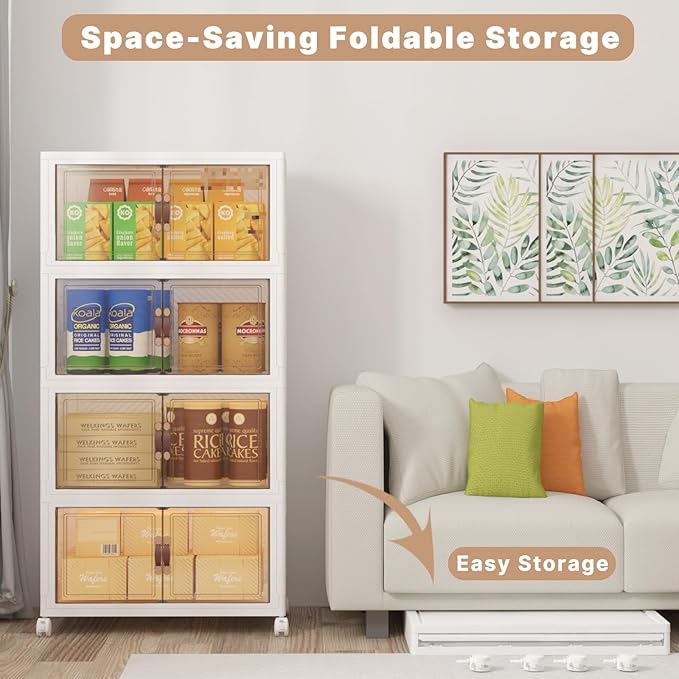 Extra Large Stackable Storage Bins with Lids & Wheels, Foldable Collapsible Closet Organizers Storage Cabinet with Doors for Bedroom Dorm (White, 480QT-120QT/30GAL*4Pack)