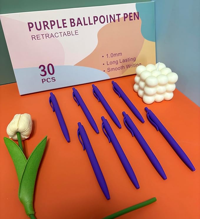 Aozora Pens Bulk 30 Pack Click Pens No Bleed Wholesale Retractable Ballpoint Pens Medium Point,Smooth Ink Pens for Journaling School Office Supplies 1.0MM (Purple Ink)