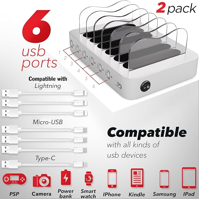 USB Charging Dock - 6-Port (2 Pack) - Universal Charging Station for Multiple Devices Apple - Multi Device Charger Station - Compatible with Apple iPad iPhone and Android Cell Phone and Tablet