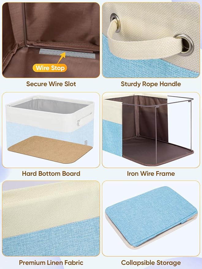 BALEINE 1 Pack Fabric Storage Bins for Shelves, Linen Storage Baskets for Organizing, Decorative Closet Bins for Clothes, Home (Skyblue, 14''x10''x8.5'')