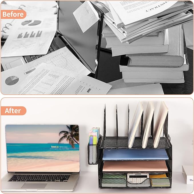 Desk Organizers and Accessories, 3-Tier Paper Organizer with 5 Vertical File Holders, File Organizer for Desk (Black With Drawer, 3T With Drawer)