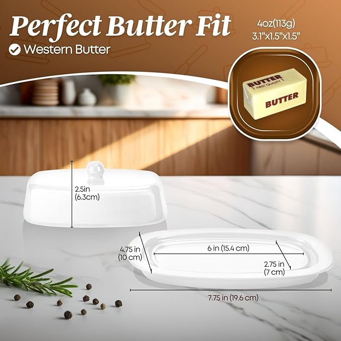 Flexzion Ceramic White European Butter Dish with Lid for Countertop (7 Inch) - 1 Stick Butter Holder for Counter, Cream Cheese Container Storage Keeper